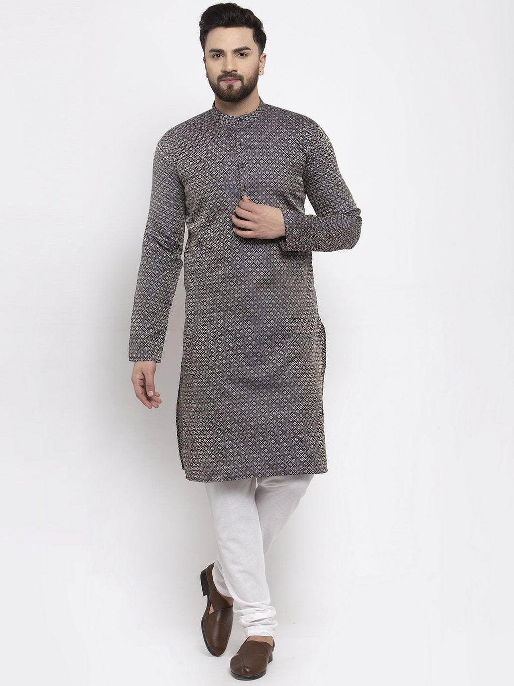 Jompers Men Navy-Blue & White Woven Design Kurta with Churidar - Distacart