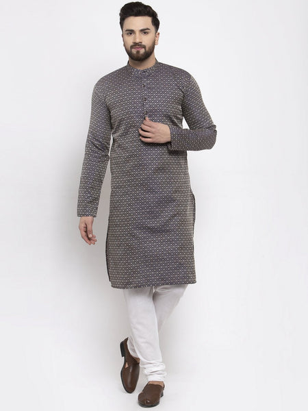 Jompers Men Navy-Blue & White Woven Design Kurta with Churidar
