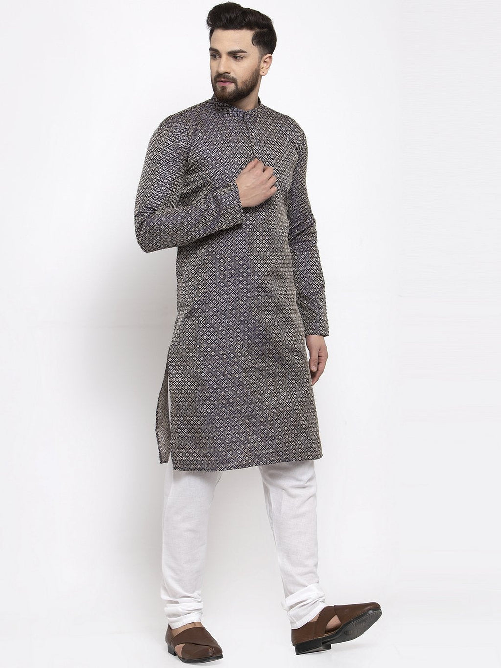 Jompers Men Navy-Blue & White Woven Design Kurta Only - Distacart