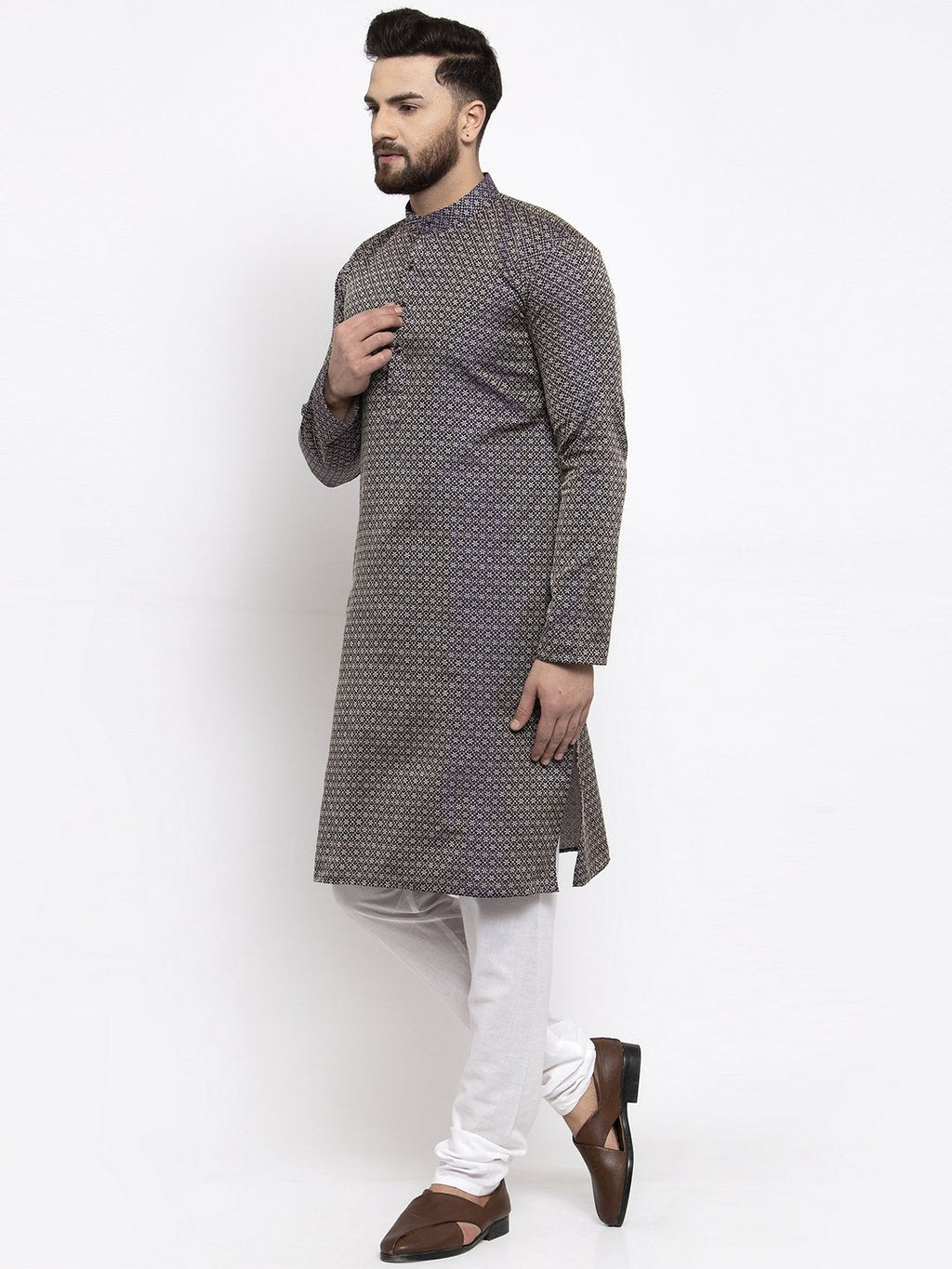 Jompers Men Navy-Blue & White Woven Design Kurta with Churidar - Distacart