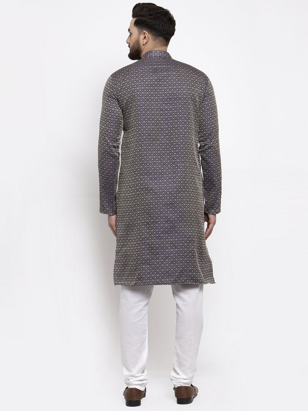Jompers Men Navy-Blue & White Woven Design Kurta with Churidar - Distacart