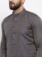 Jompers Men Navy-Blue & White Woven Design Kurta with Churidar - Distacart