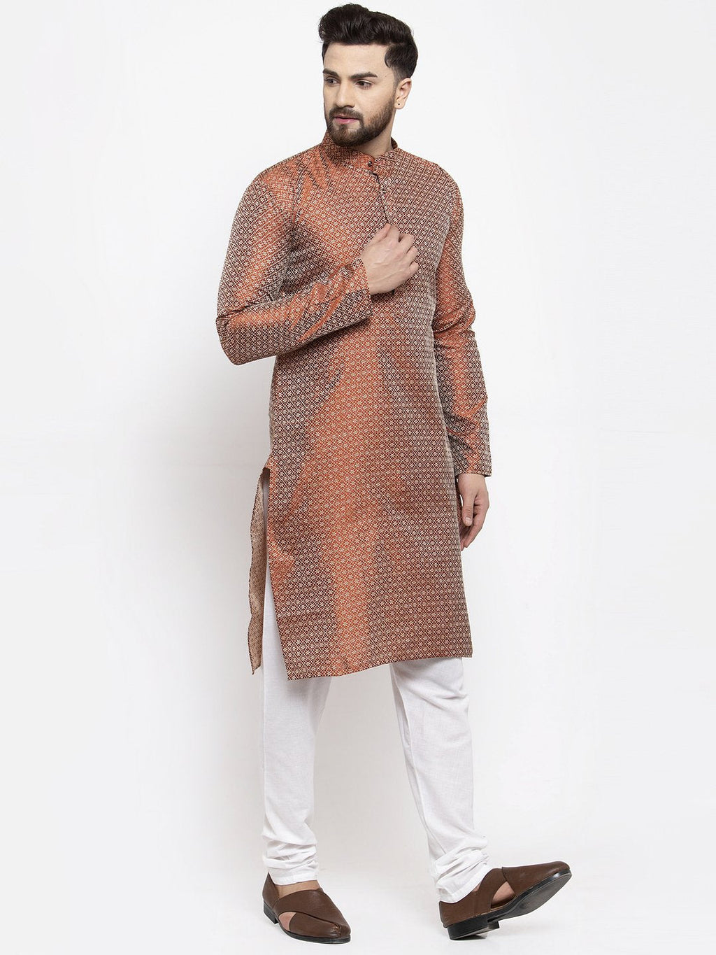 Jompers Men Orange & White Woven Design Kurta with Churidar - Distacart