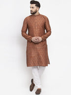 Jompers Men Brown & Grey Jacquard Kurta Only - Distacart