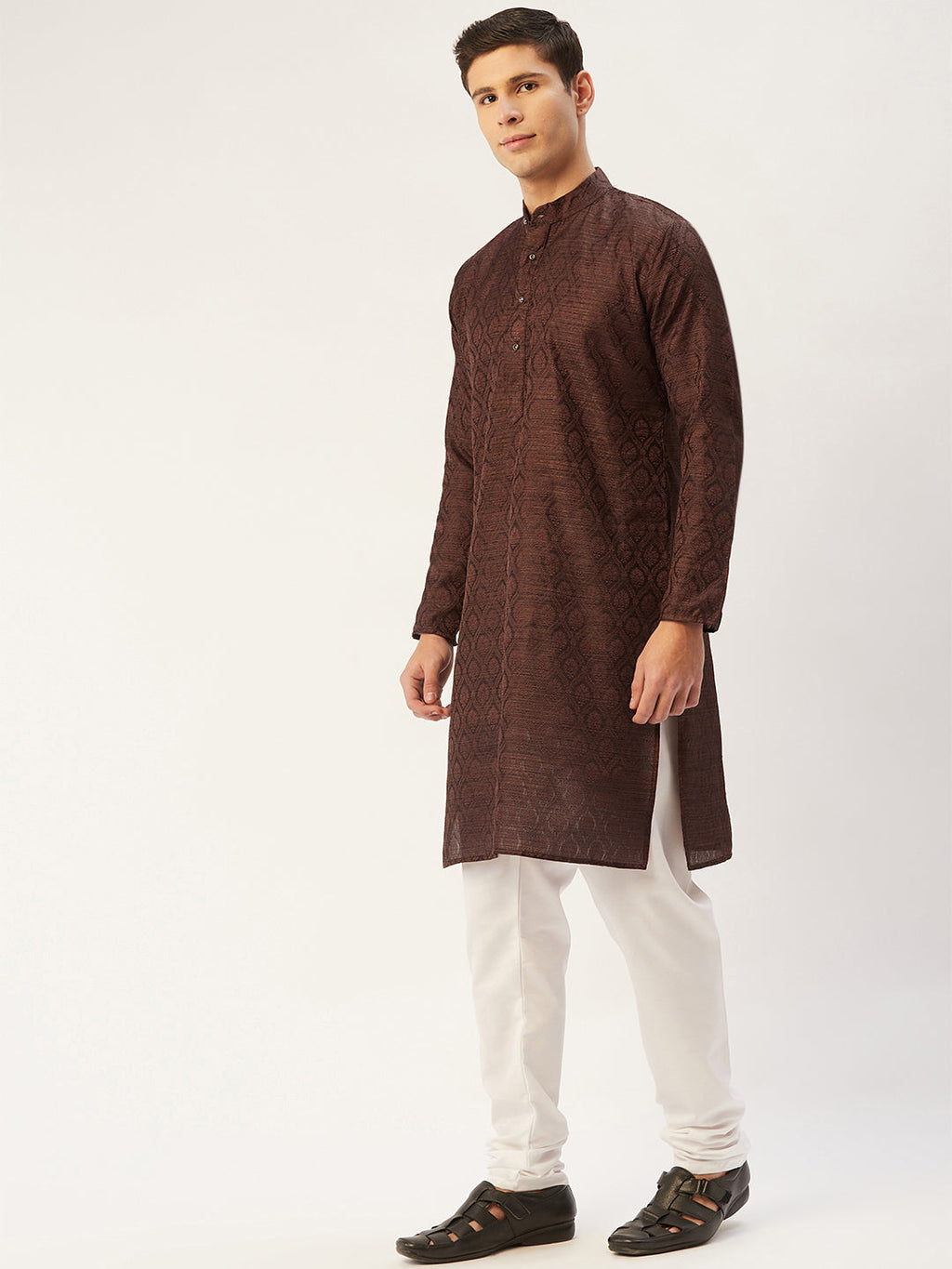 Jompers Men's Coffee Woven Design Jacquard Kurta Pyjama