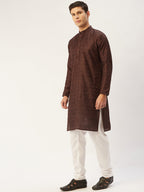 Jompers Men's Coffee Woven Design Jacquard Kurta Pyjama