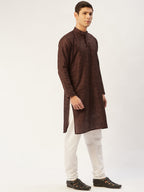 Jompers Men's Coffee Woven Design Jacquard Kurta Pyjama
