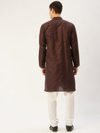 Jompers Men's Coffee Woven Design Jacquard Kurta Pyjama