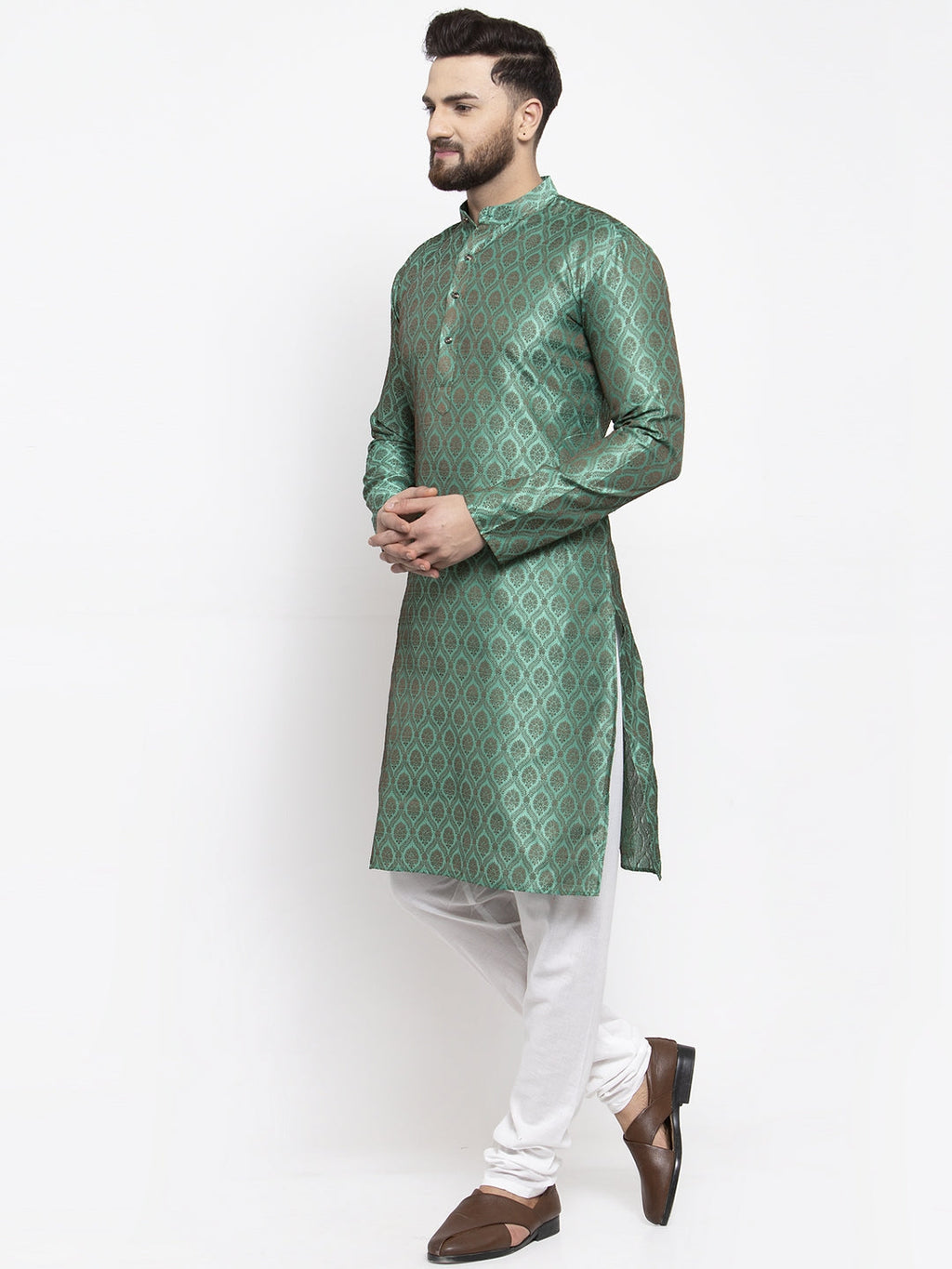 Jompers Men Green & Grey Jacquard Kurta with Churidar - Distacart