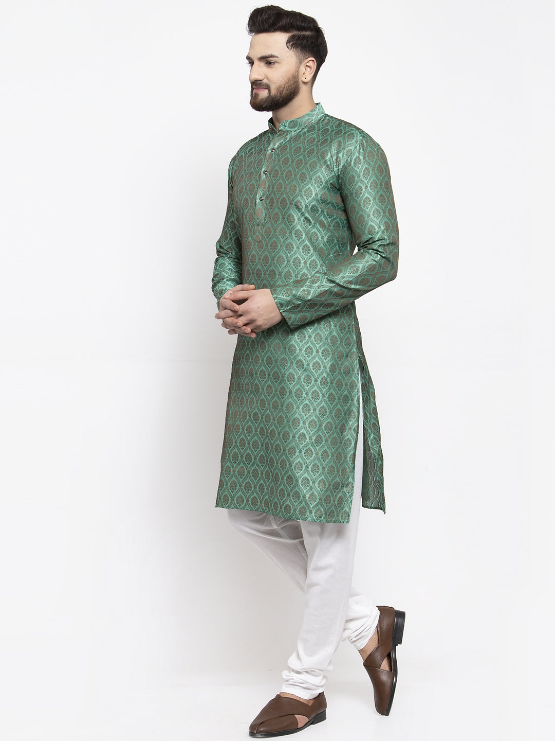 Jompers Men Green & Grey Jacquard Kurta with Churidar - Distacart