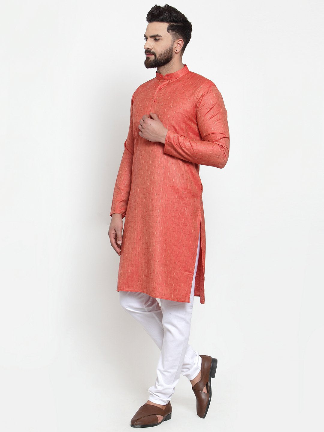 Jompers Men Orange & White Self Design Kurta with Churidar - Distacart