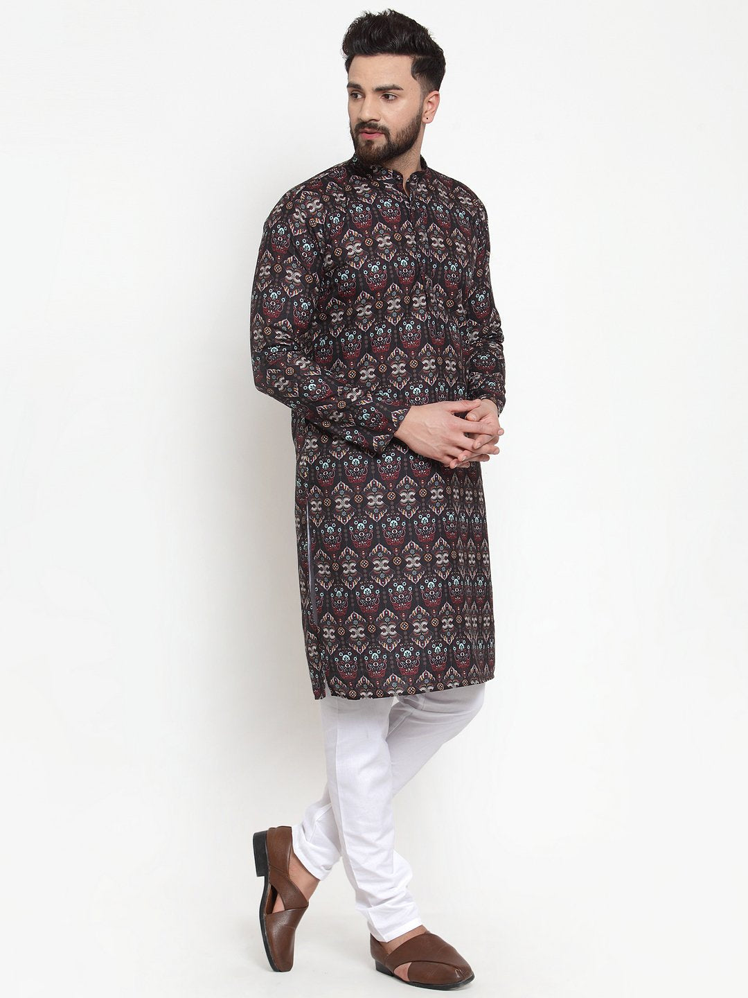 Jompers Men Black & Beige Digital Printed Kurta with Churidar - Distacart