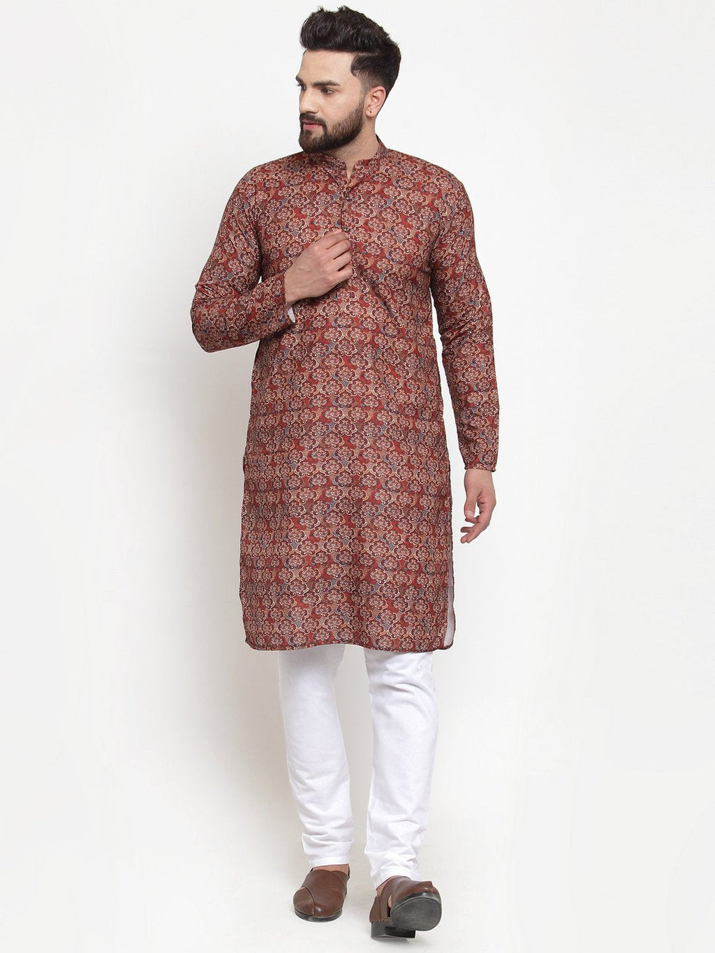 Jompers Men Maroon & Beige Digital Printed Kurta Only - Distacart