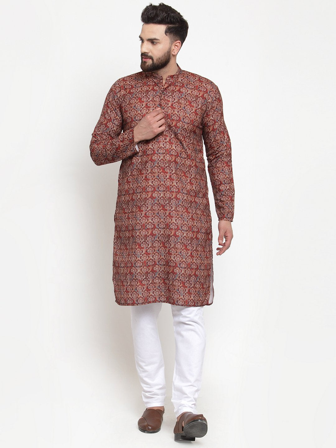 Jompers Men Maroon & Beige Digital Printed Kurta Only - Distacart