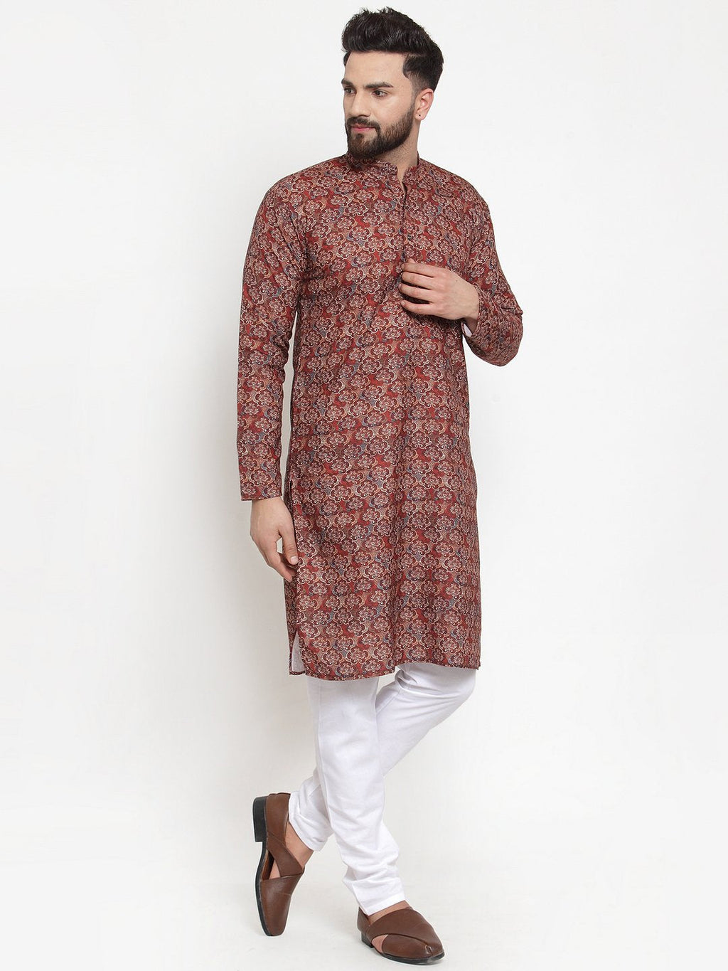 Jompers Men Maroon & Beige Digital Printed Kurta Only - Distacart