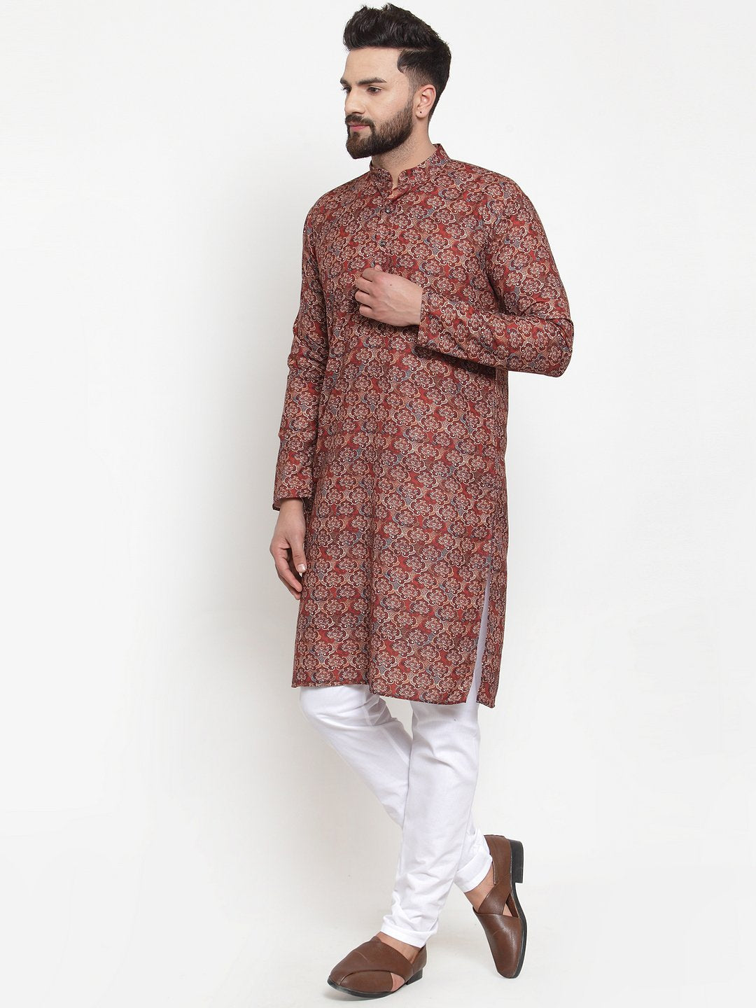 Jompers Men Maroon & Beige Digital Printed Kurta Only - Distacart