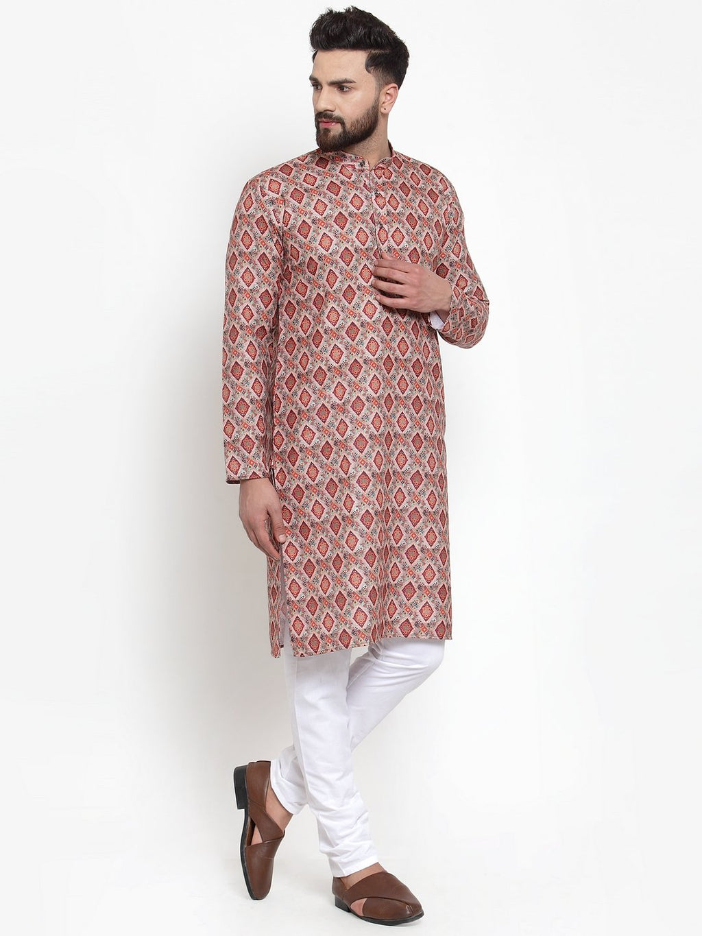 Jompers Men Peach & Beige Digital Printed Kurta Only - Distacart