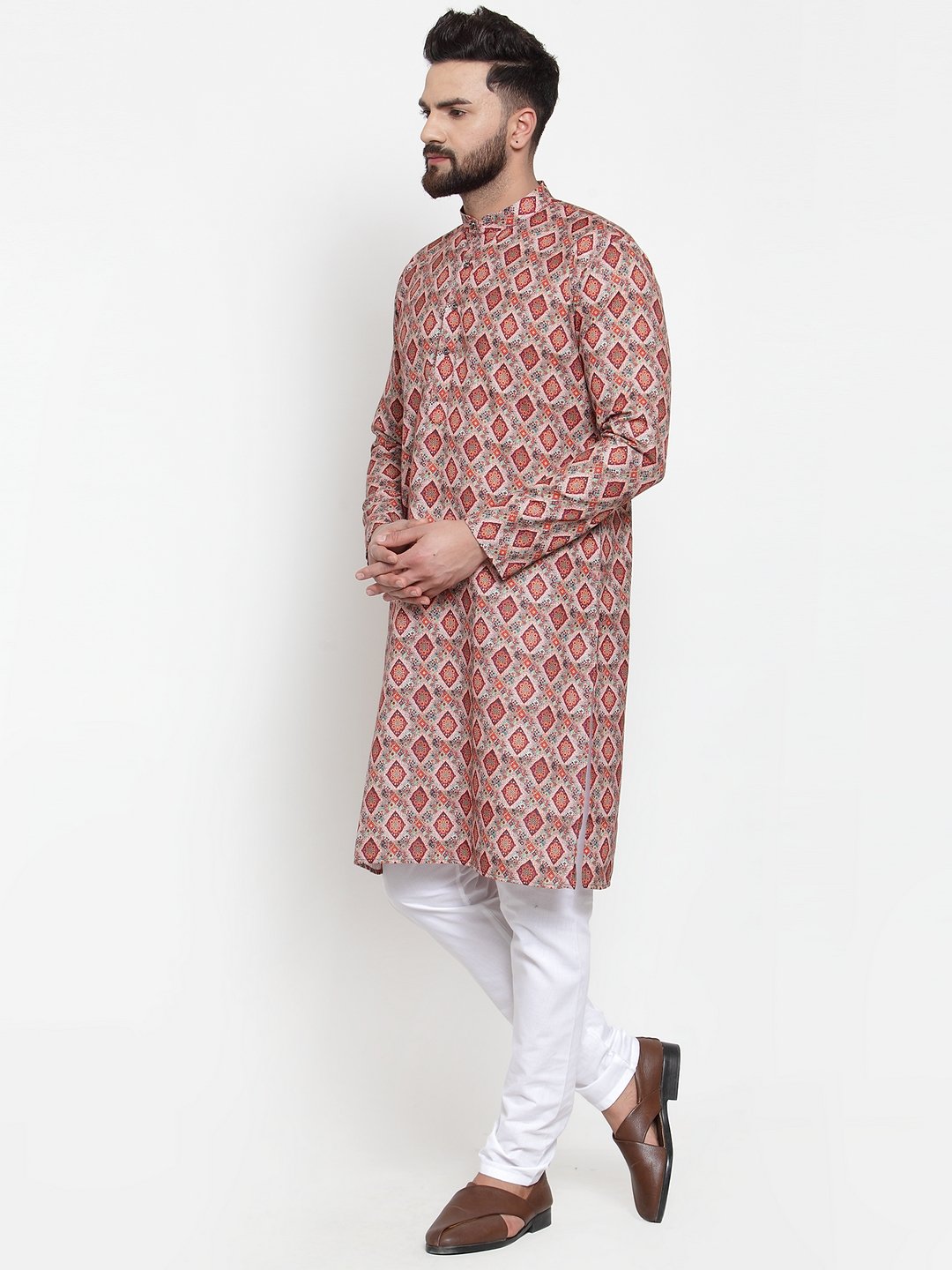 Jompers Men Peach & Beige Digital Printed Kurta with Churidar - Distacart