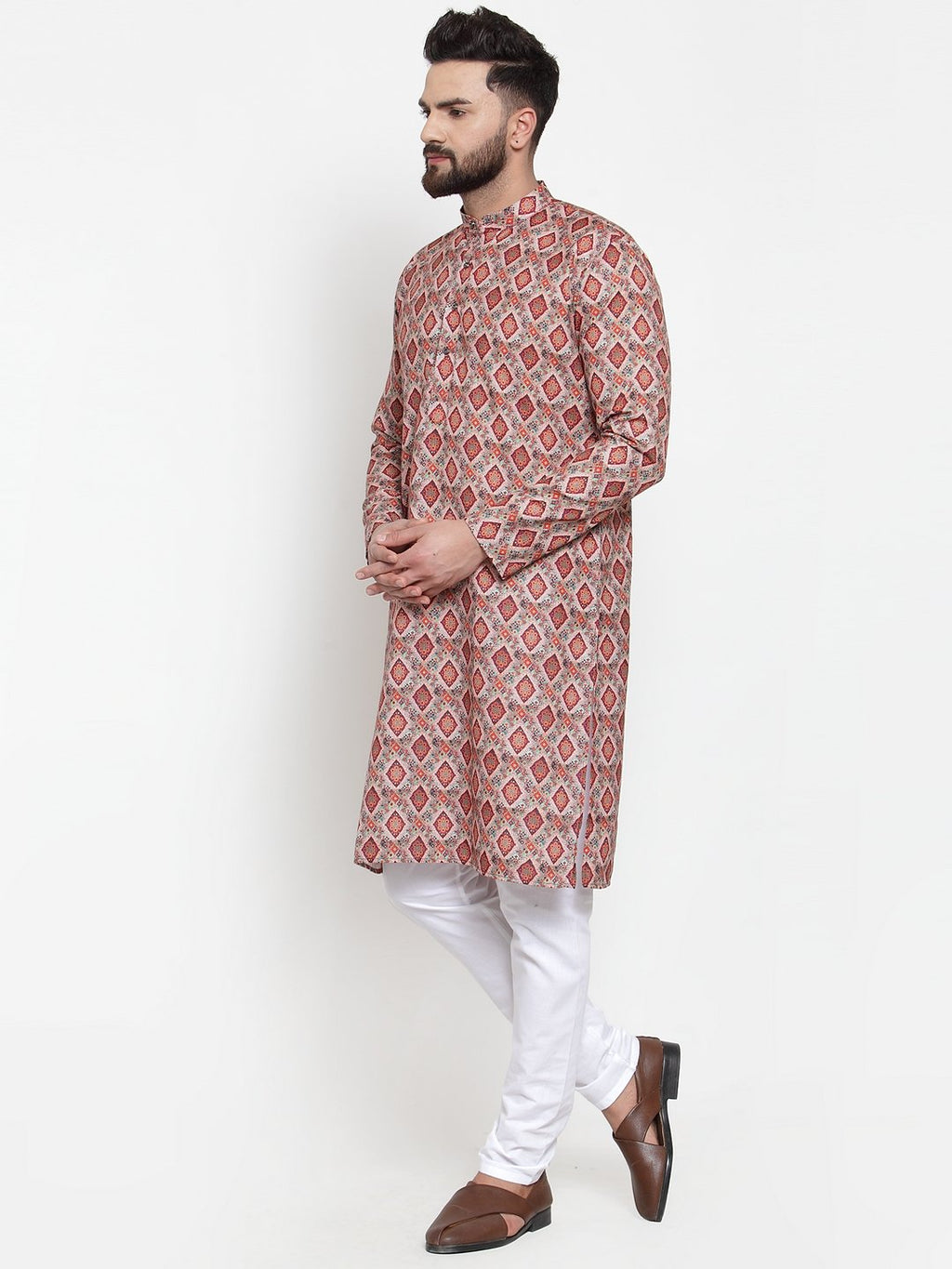 Jompers Men Peach & Beige Digital Printed Kurta Only - Distacart