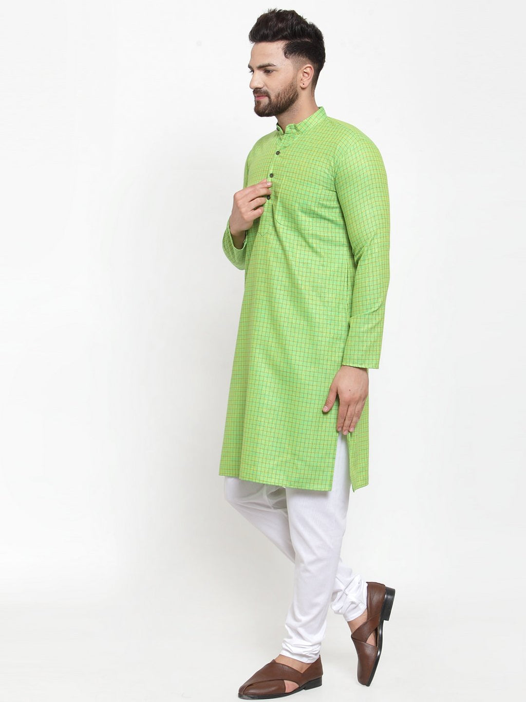 Jompers Men Green Checked Self Design Kurta with White Churidar - Distacart