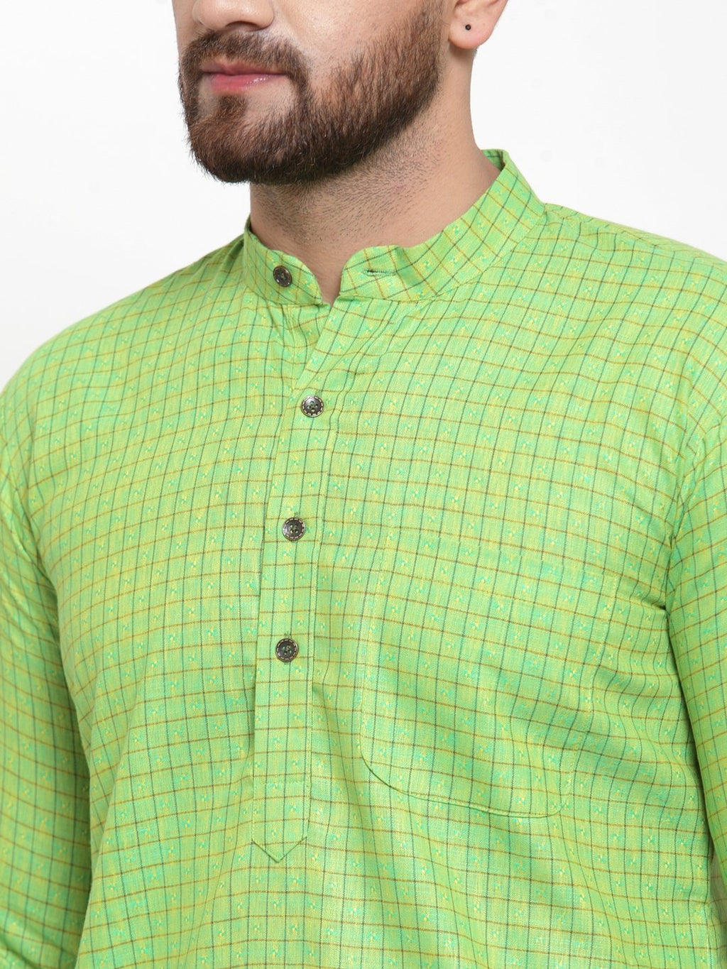 Jompers Men Green Checked Self Design Kurta with White Churidar - Distacart
