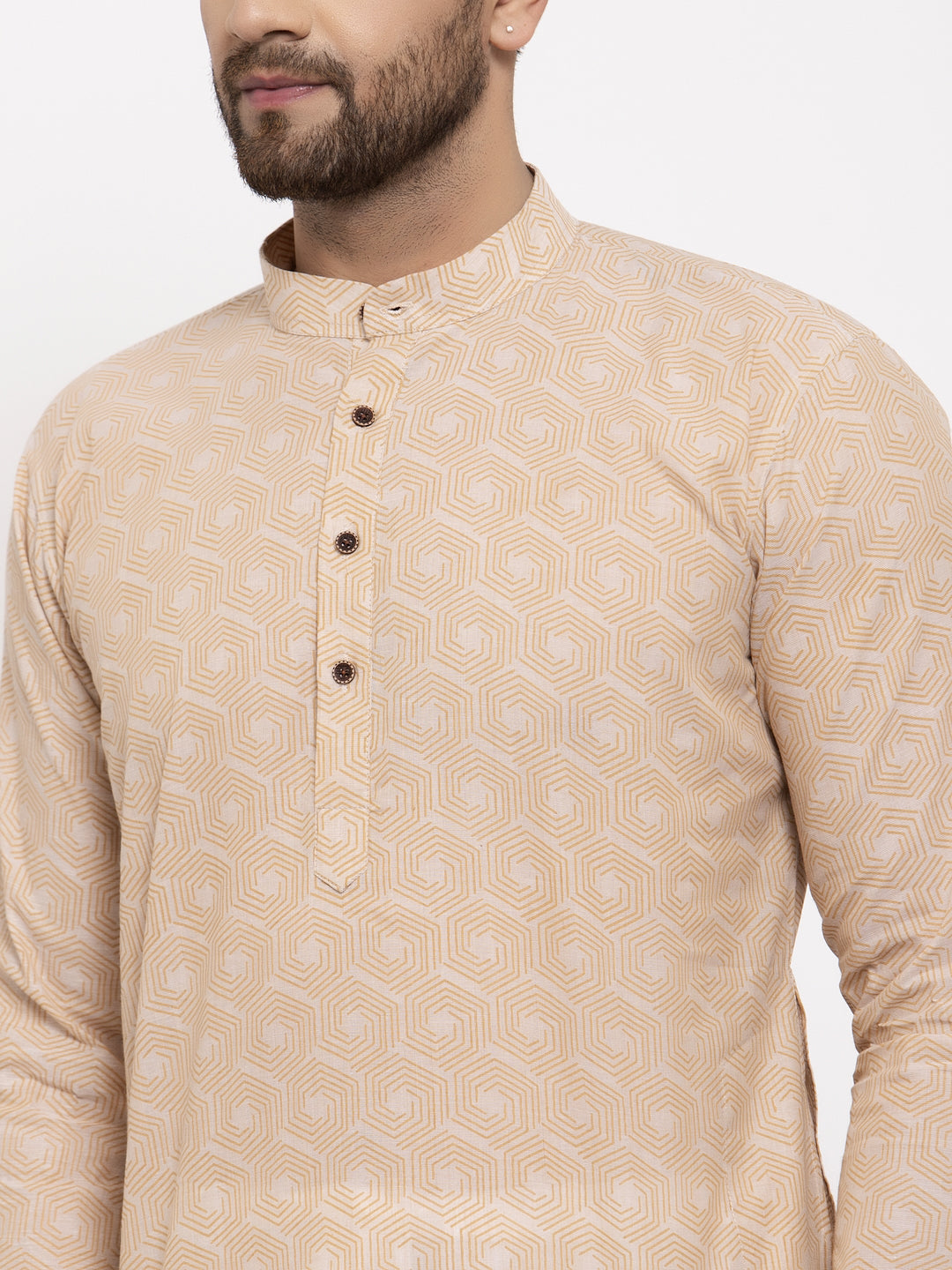 Jompers Men's Beige Cotton Printed Kurta Payjama Set