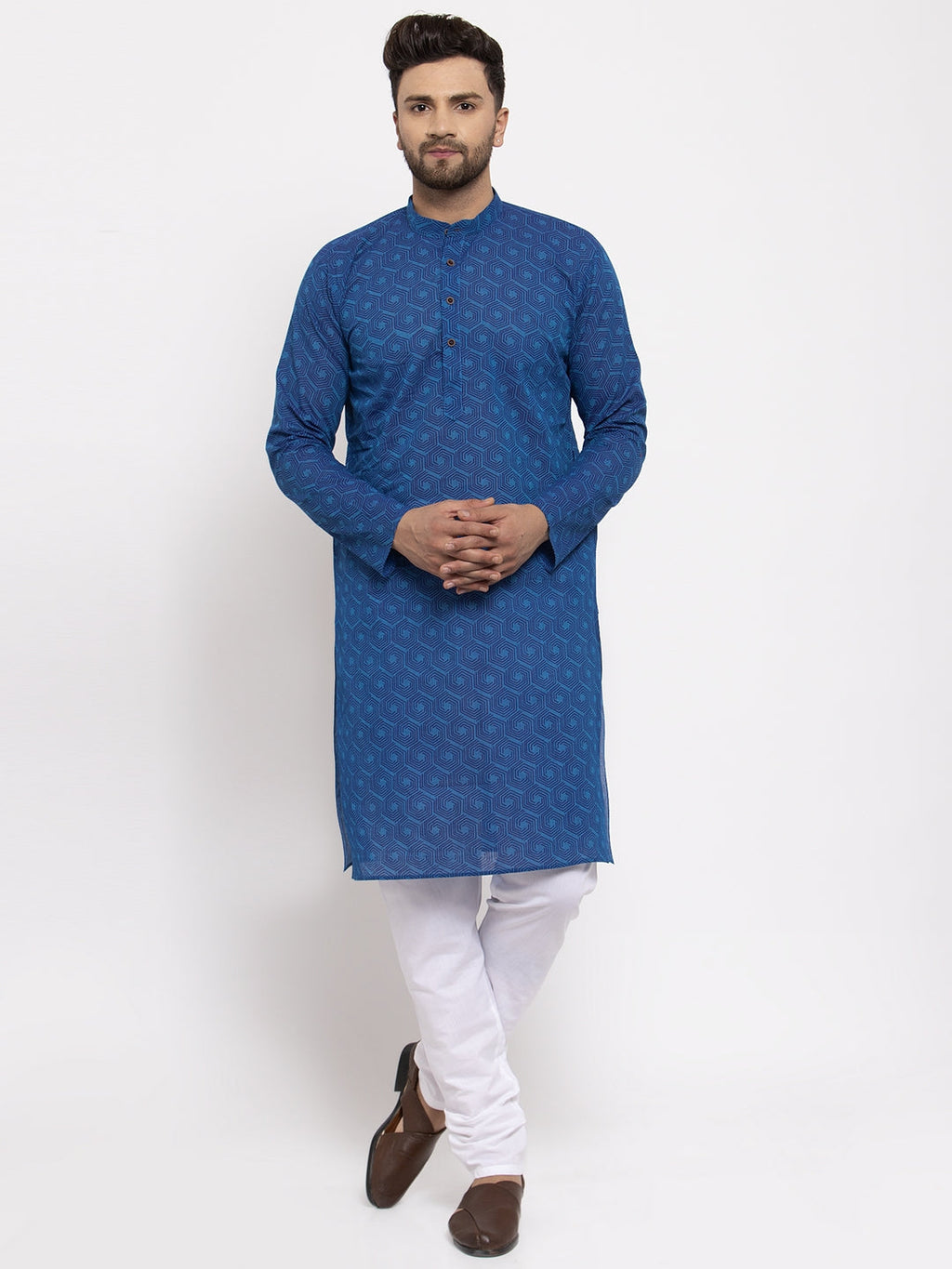 Jompers Men's Beautiful Blue Cotton Printed Kurta Only