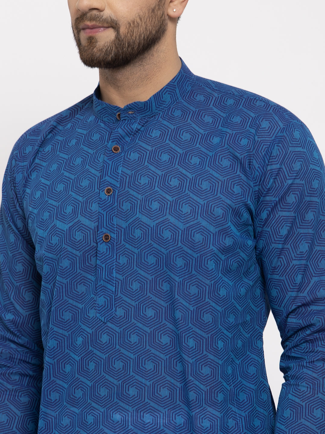 Jompers Men's Beautiful Blue Cotton Printed Kurta Only