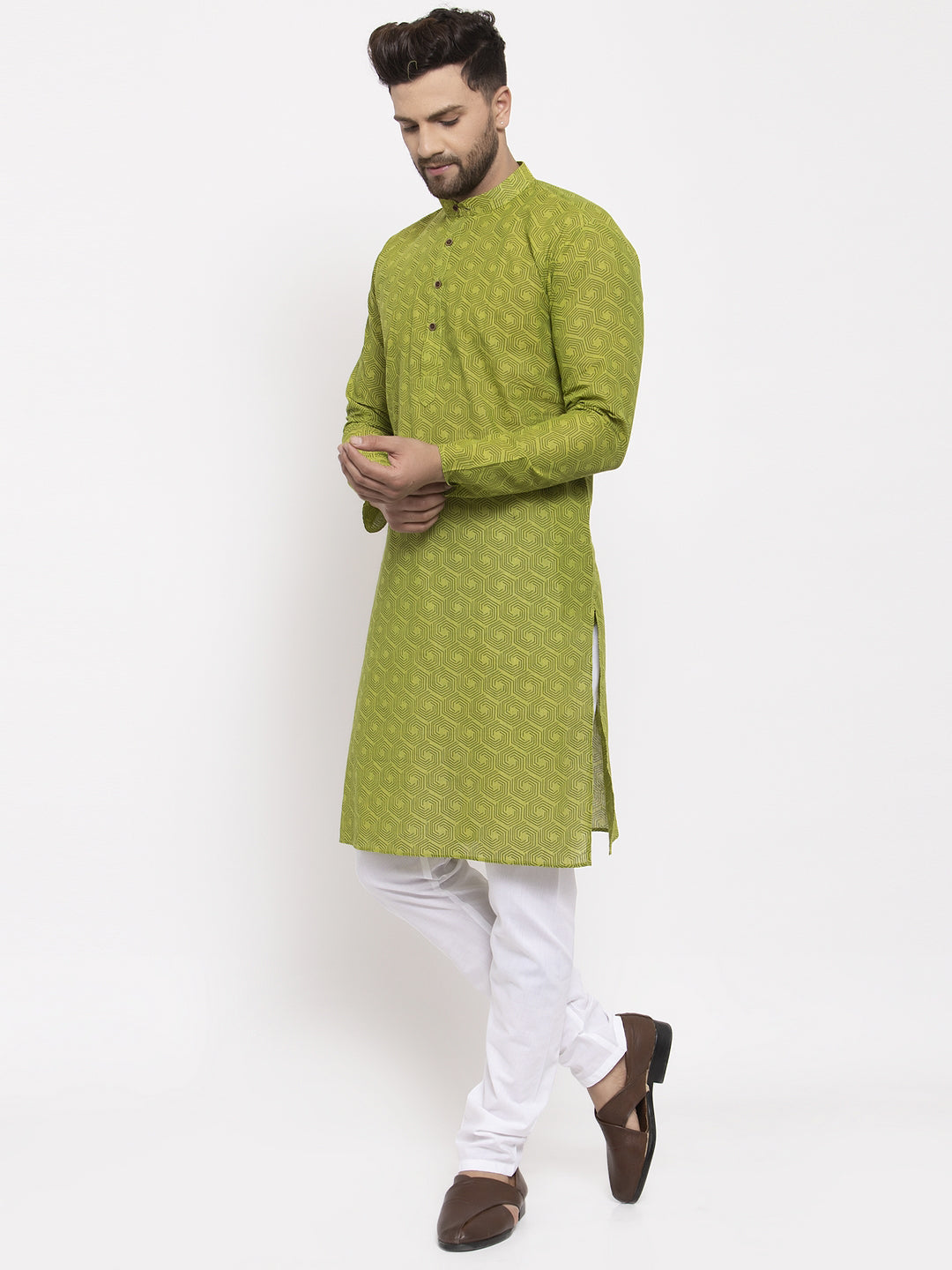 Jompers Men's Green Cotton Printed Kurta Payjama Set