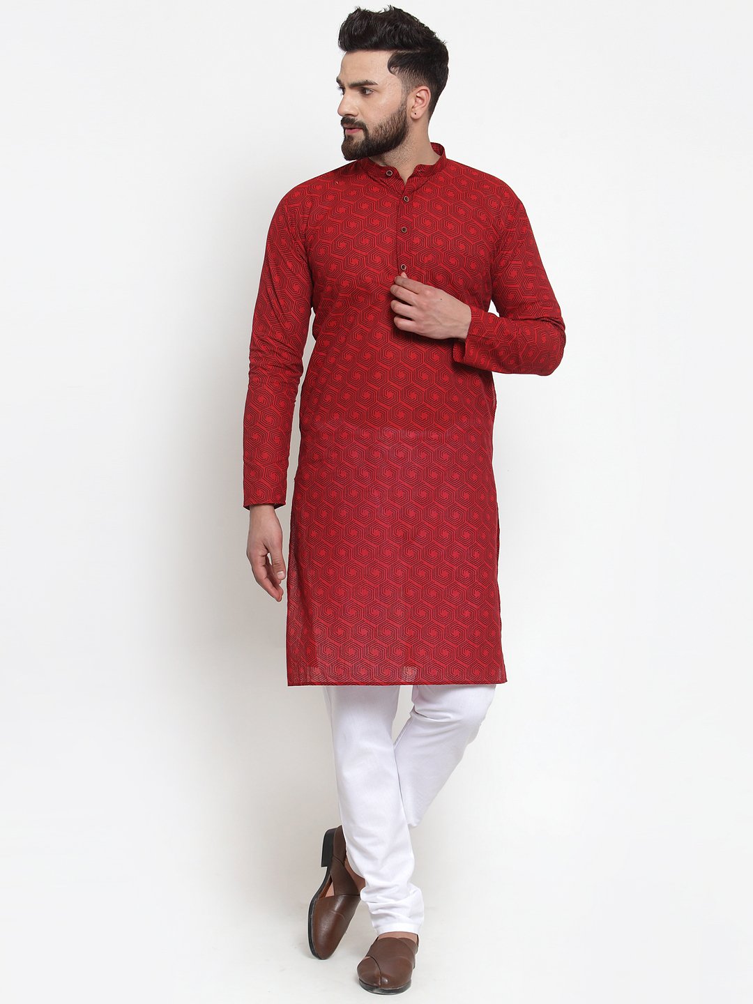 Jompers Men Red Printed Kurta with White Churidar - Distacart