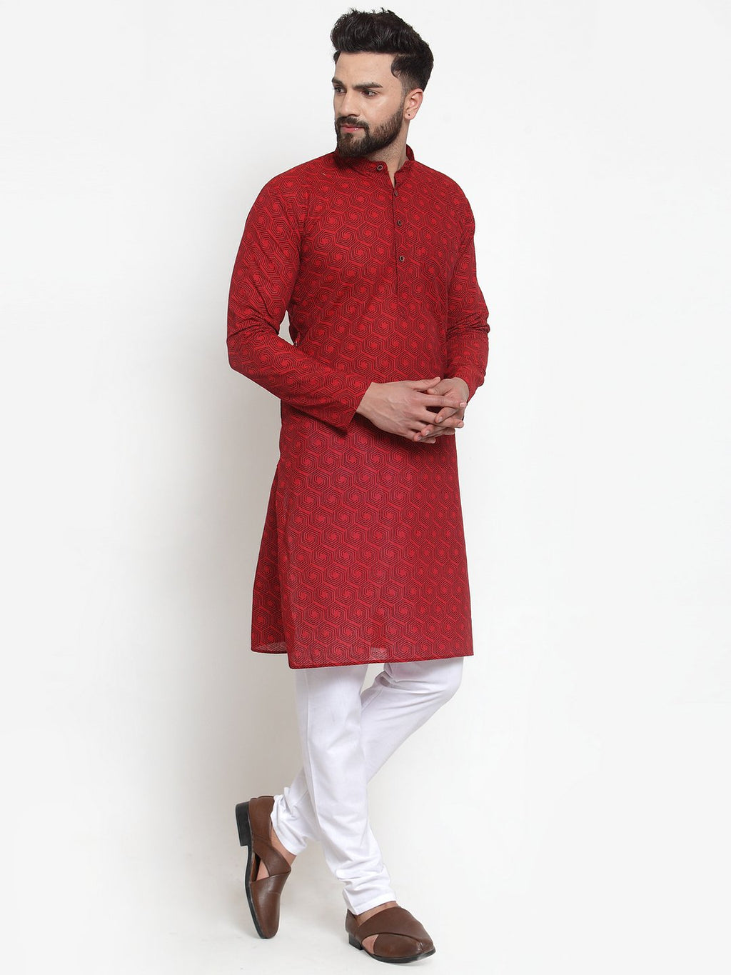 Jompers Men Red Printed Kurta with White Churidar - Distacart