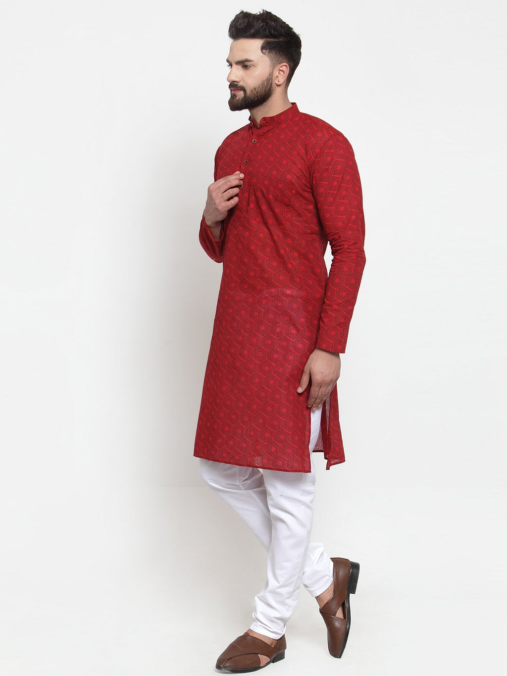 Jompers Men Red Printed Kurta with White Churidar - Distacart