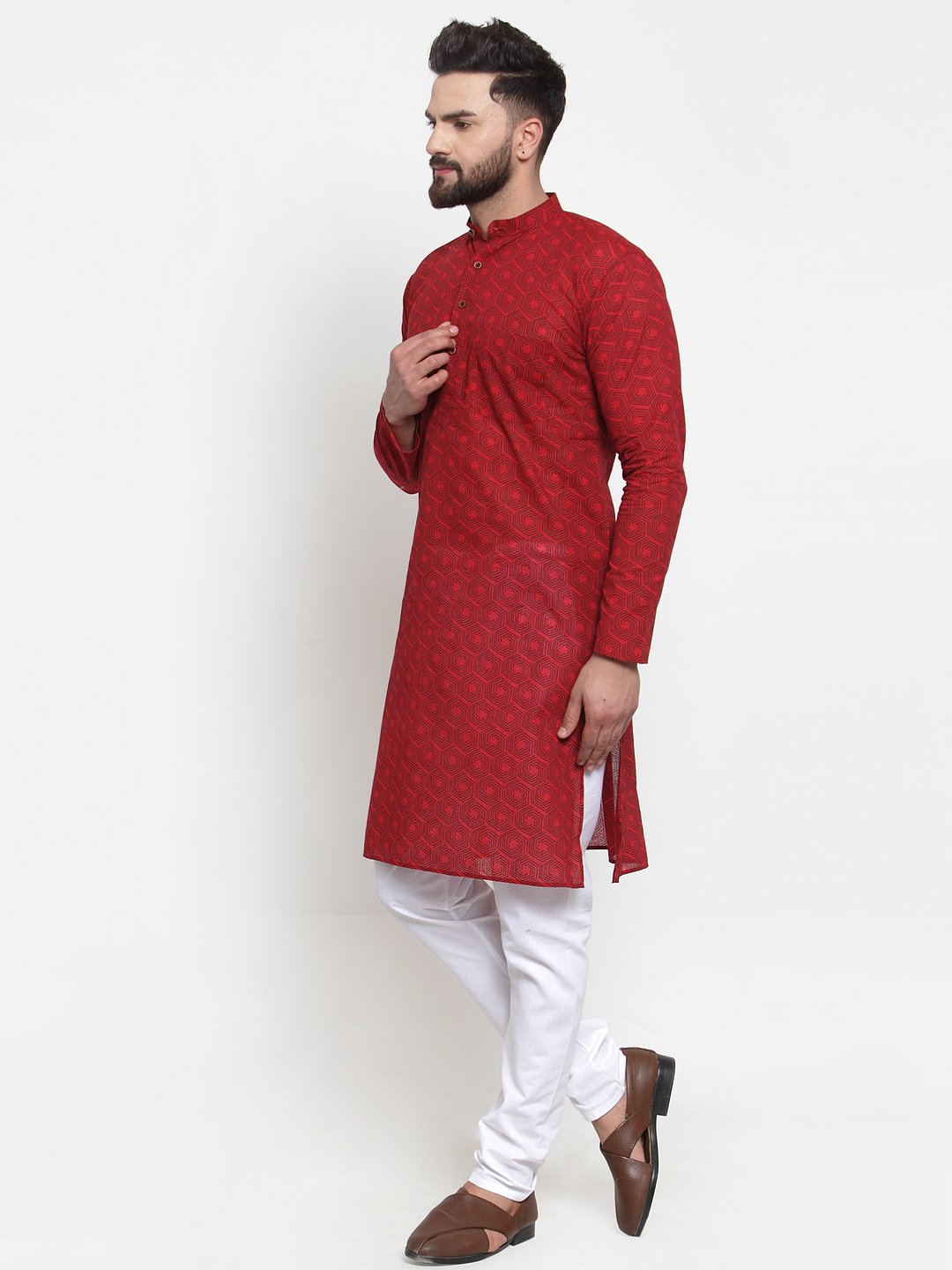 Jompers Men Red Printed Kurta with White Churidar - Distacart