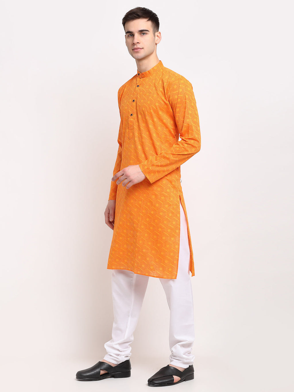 Jompers Men's Yellow Cotton Printed Kurta Payjama Set