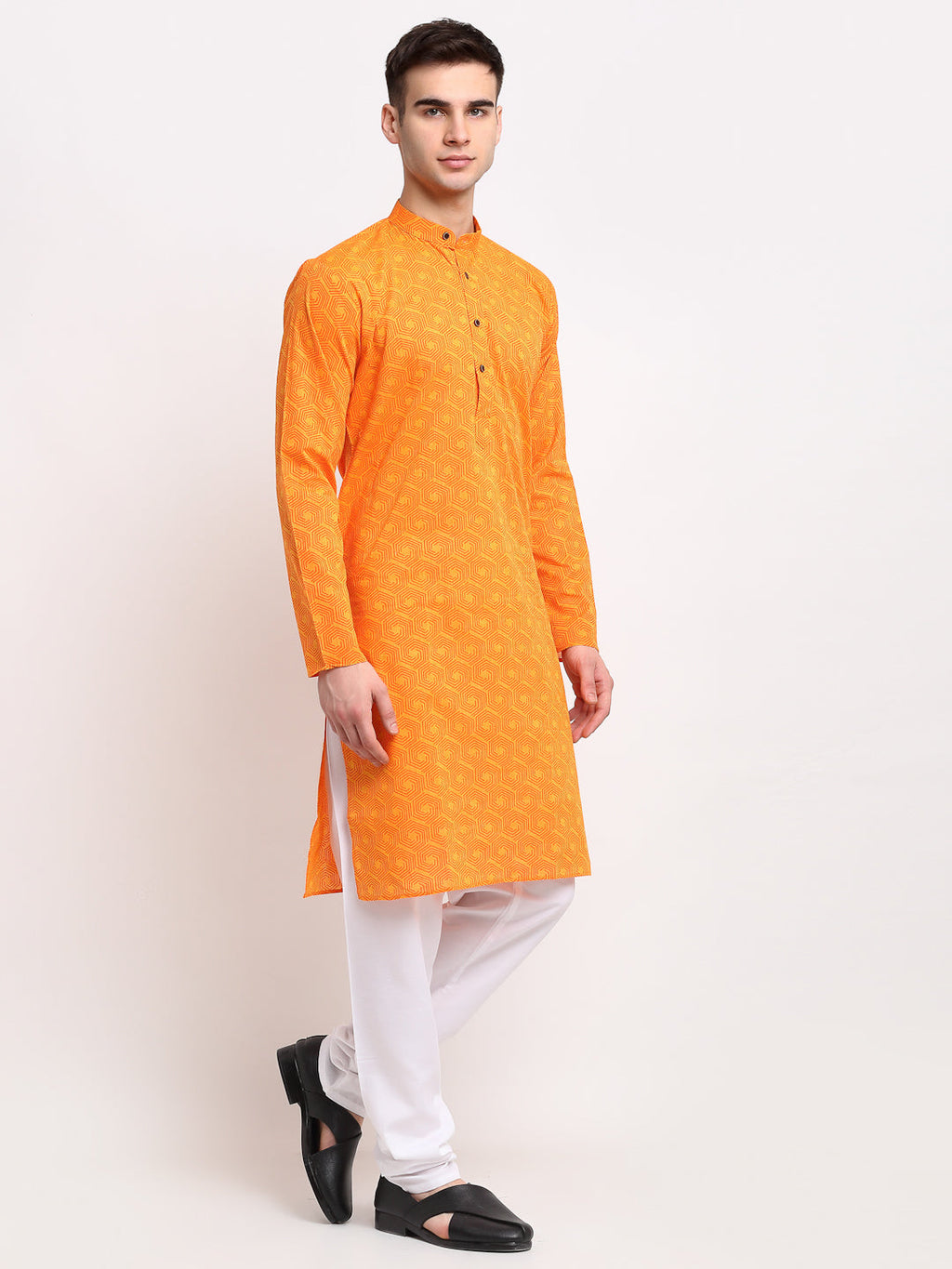 Jompers Men's Yellow Cotton Printed Kurta Payjama Set