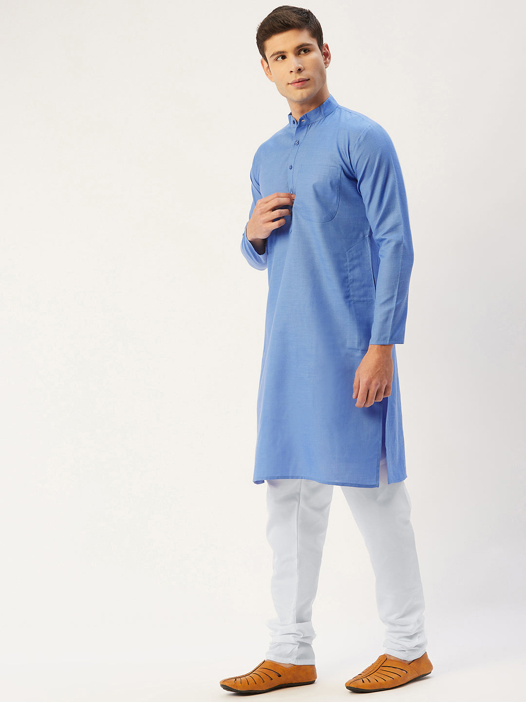 Jompers Men's Beautiful Blue Cotton Solid Kurta Pyjama