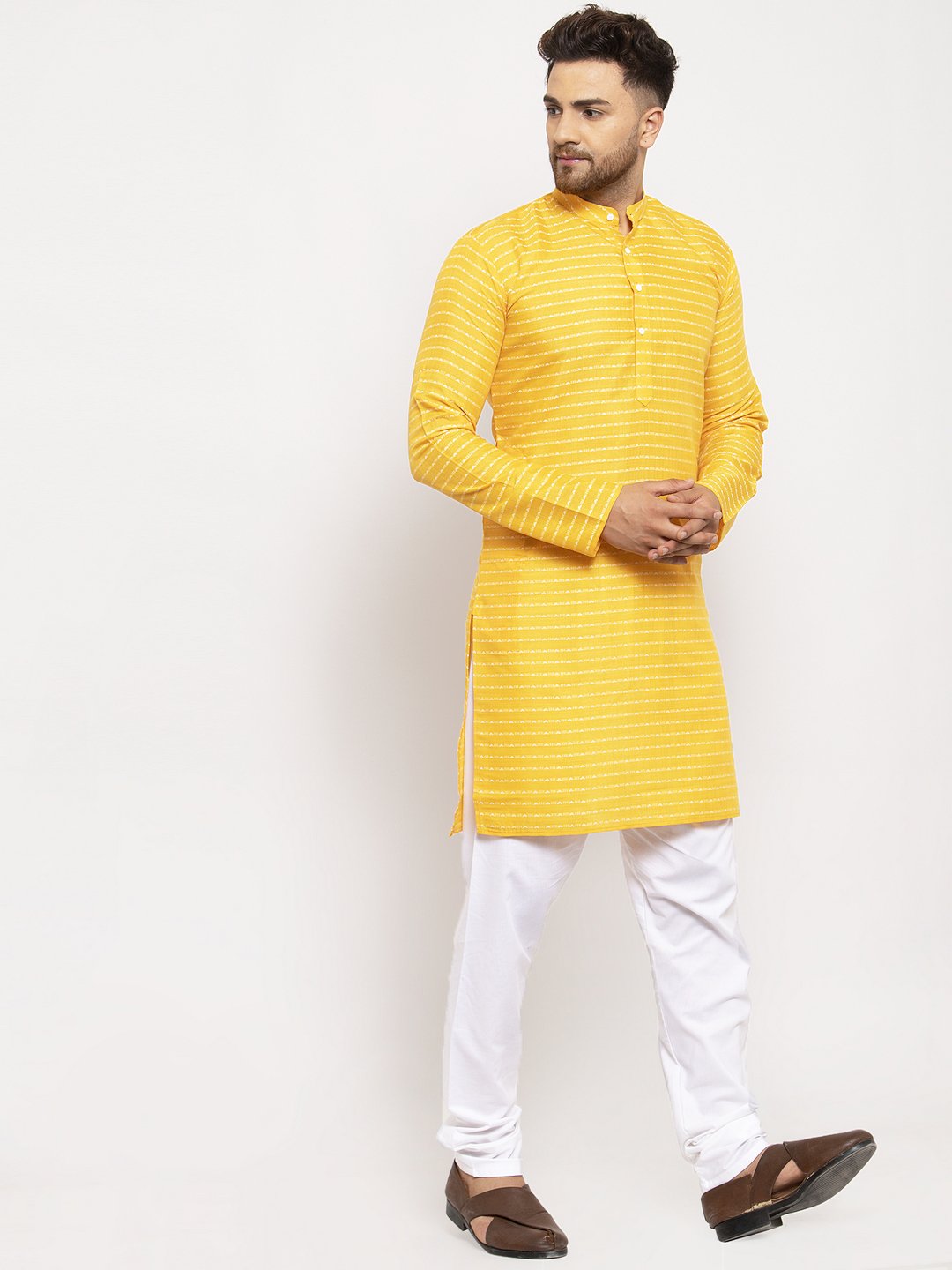 Jompers Men Yellow Woven Design Straight Kurta Only - Distacart