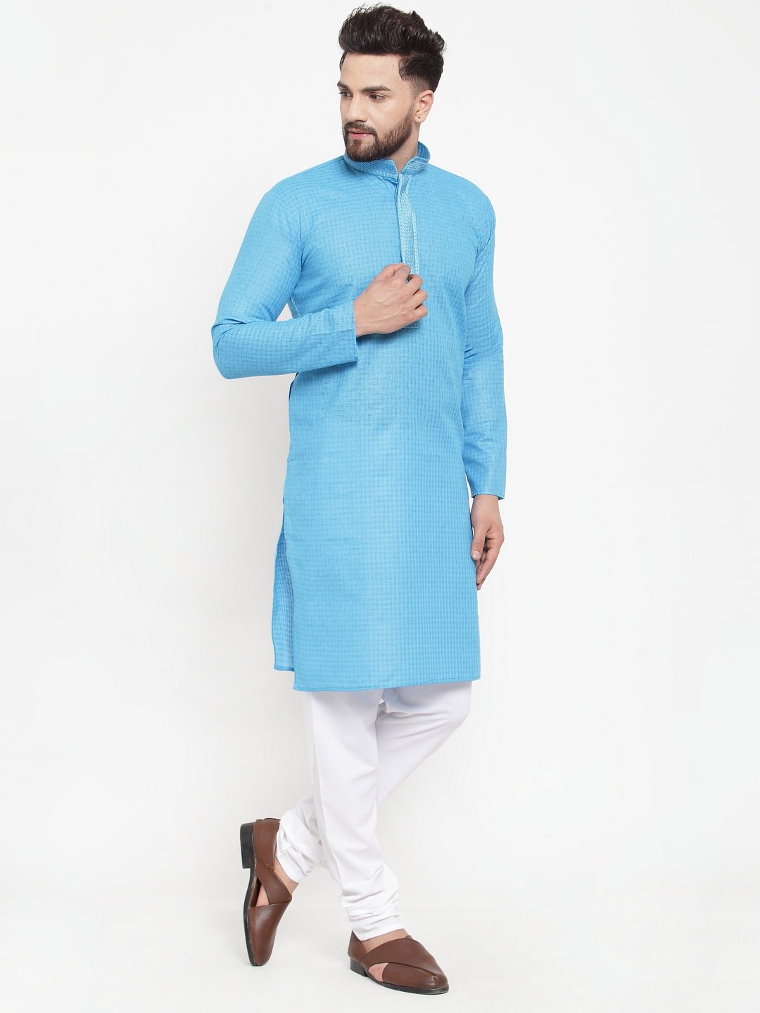 Jompers Men Blue & White Embroidered Kurta Only - Distacart