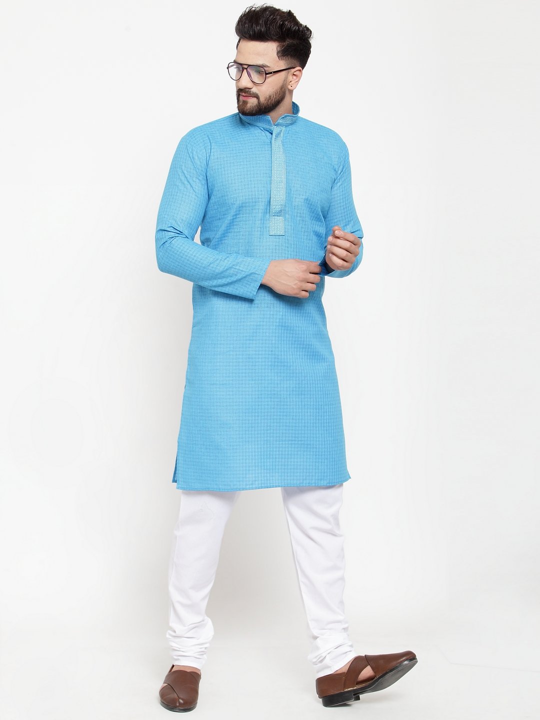 Jompers Men Blue & White Embroidered Kurta with Churidar - Distacart