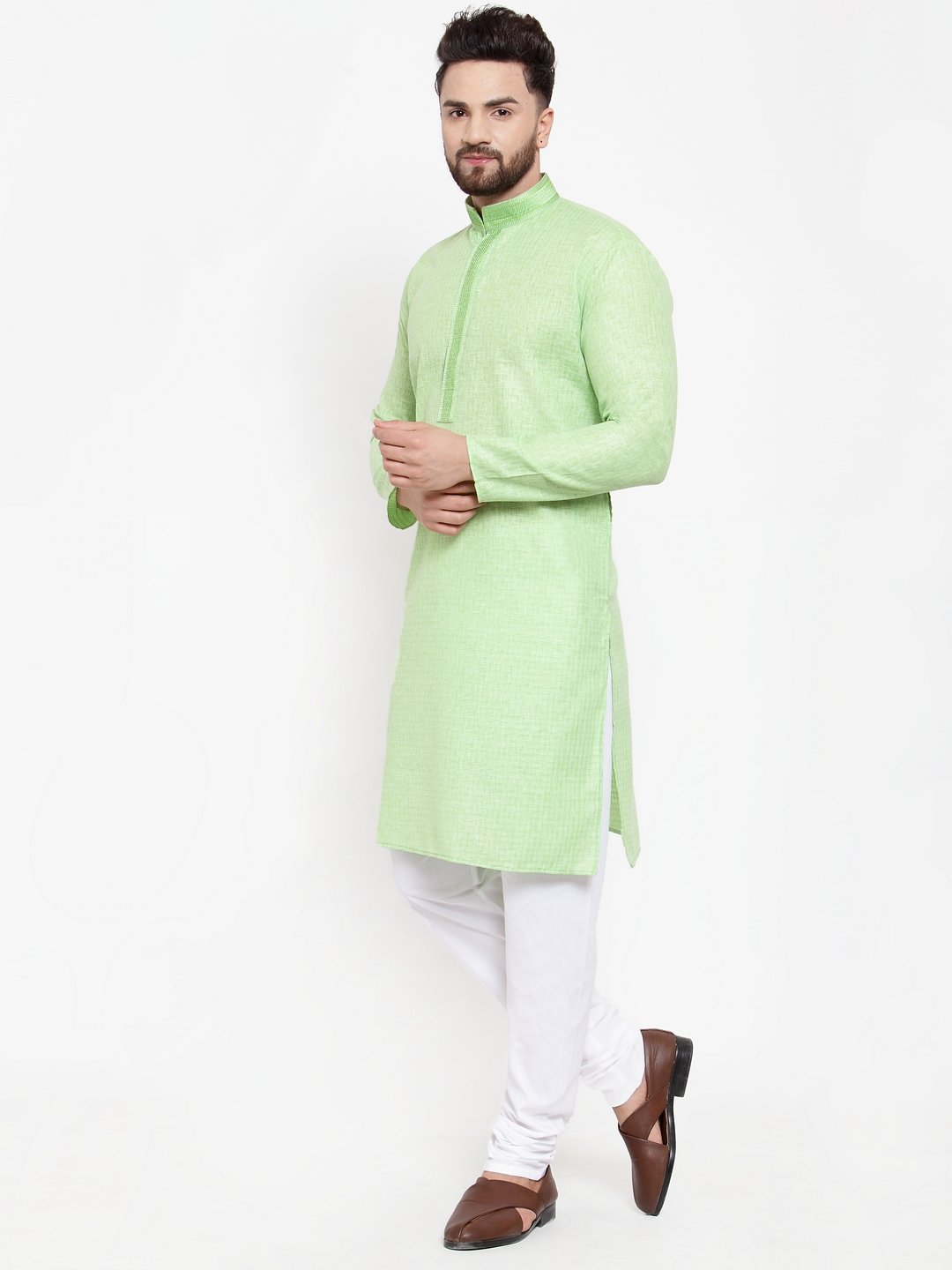 Jompers Men Green & White Embroidered Kurta with Churidar - Distacart