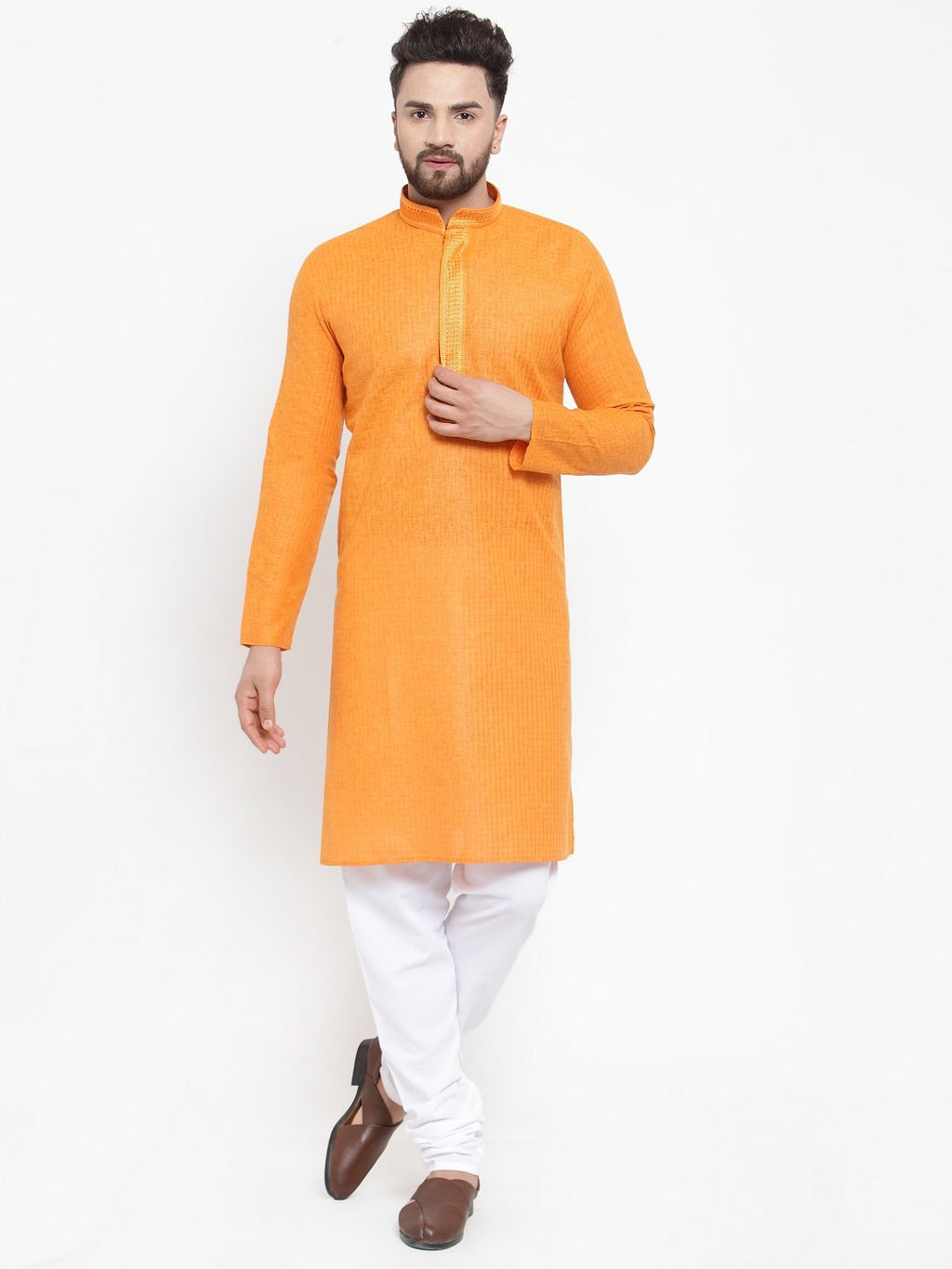 Jompers Men Orange & White Embroidered Kurta with Churidar - Distacart
