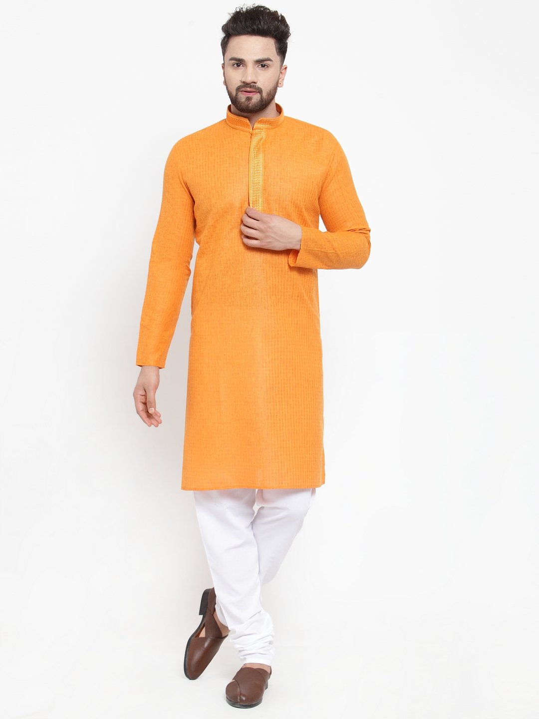Jompers Men Orange & White Embroidered Kurta with Churidar - Distacart