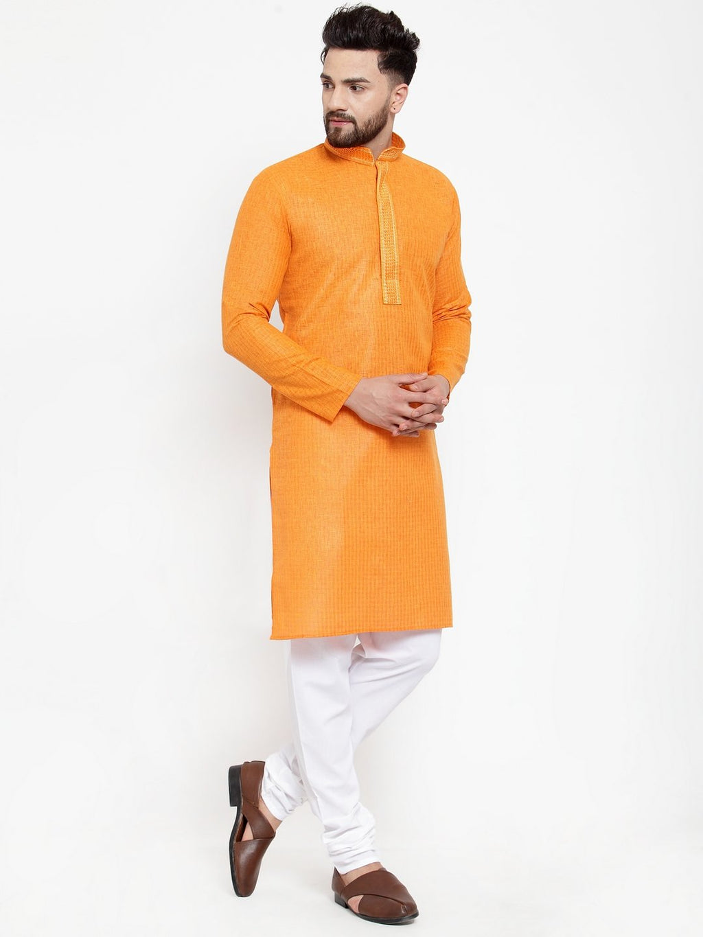 Jompers Men Orange & White Embroidered Kurta Only - Distacart