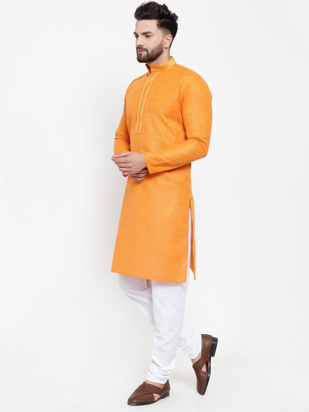 Jompers Men Orange & White Embroidered Kurta Only - Distacart