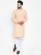 Jompers Men Peach & White Embroidered Kurta Only - Distacart
