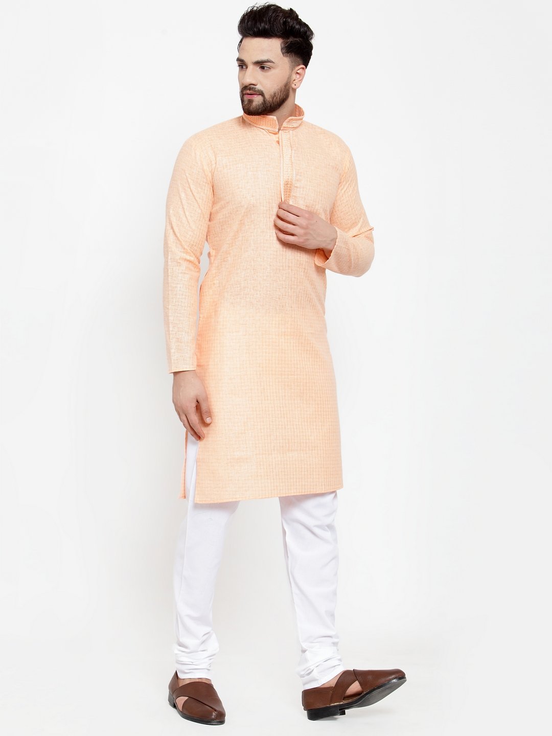Jompers Men Peach & White Embroidered Kurta Only - Distacart