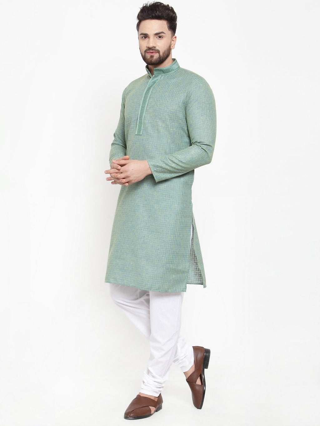 Jompers Men Sea Green & White Embroidered Kurta with Churidar - Distacart