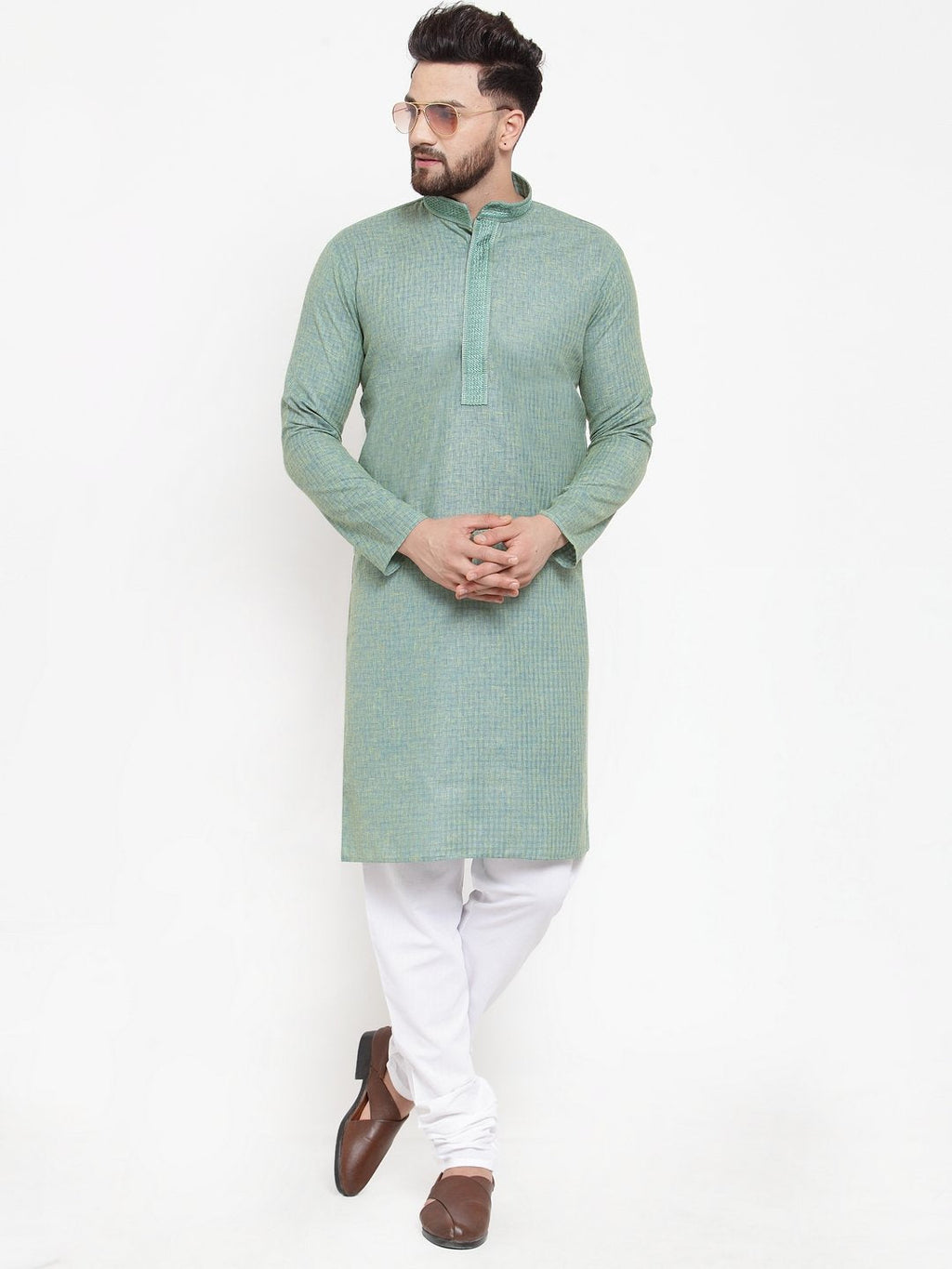 Jompers Men Sea Green & White Embroidered Kurta with Churidar - Distacart