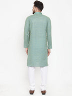 Jompers Men Sea Green & White Embroidered Kurta with Churidar - Distacart