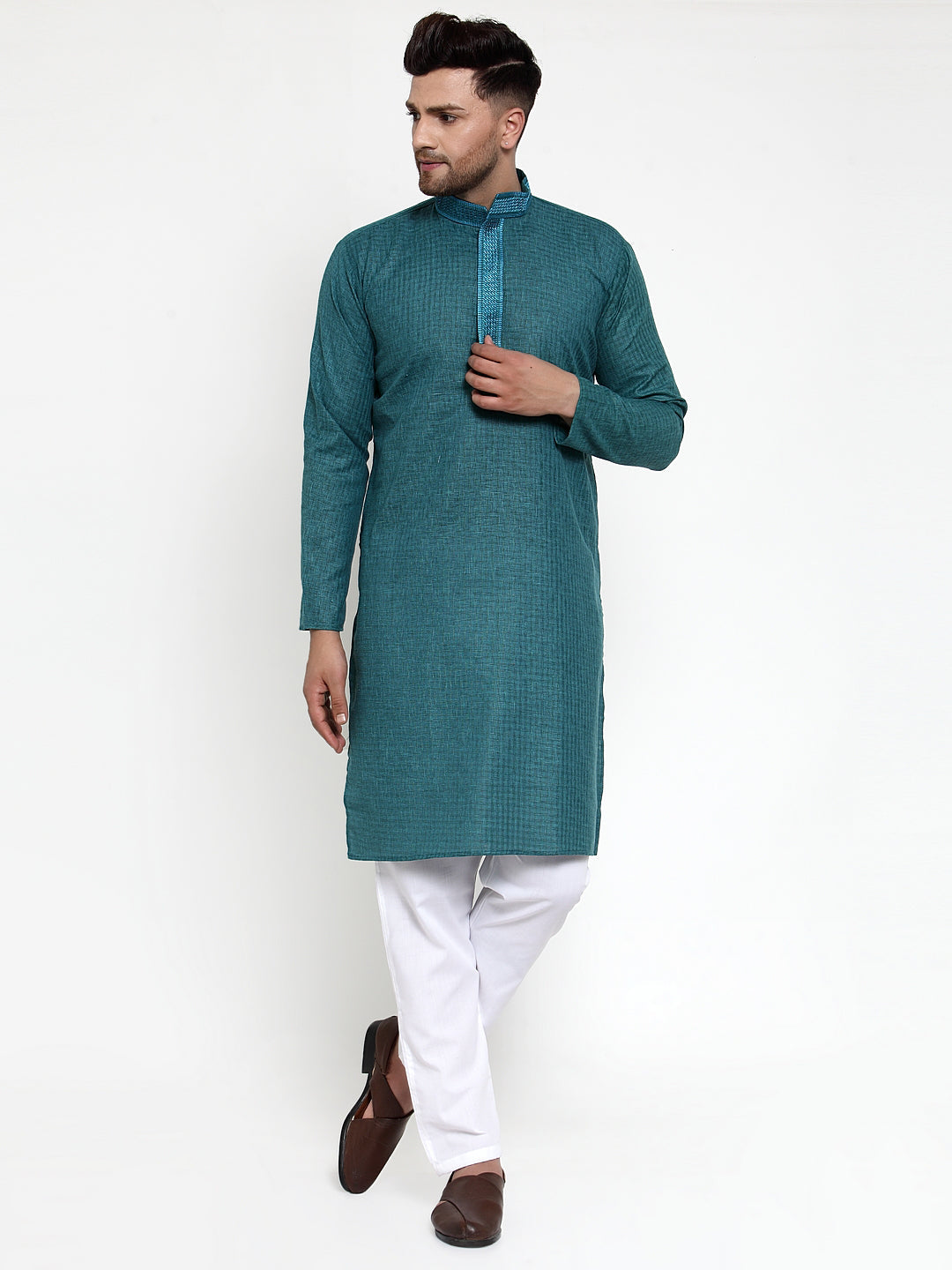 Jompers Men's Teal Woven Kurta Only